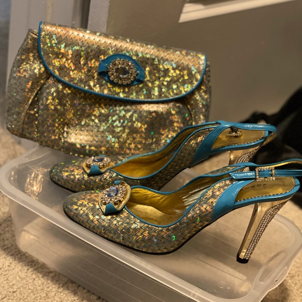 Shoe and bag,Sky blue, gold pumps, size 41